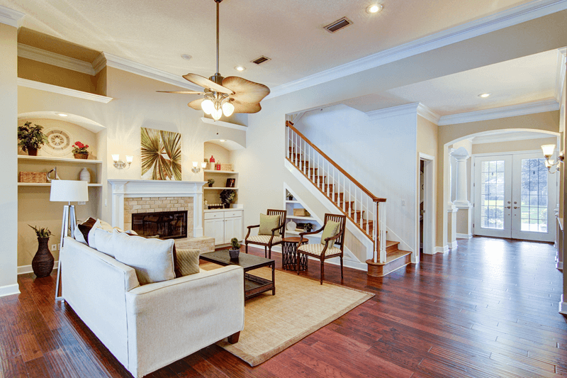 Living room with red wood floor