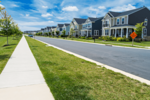 Suburb of single family homes with park