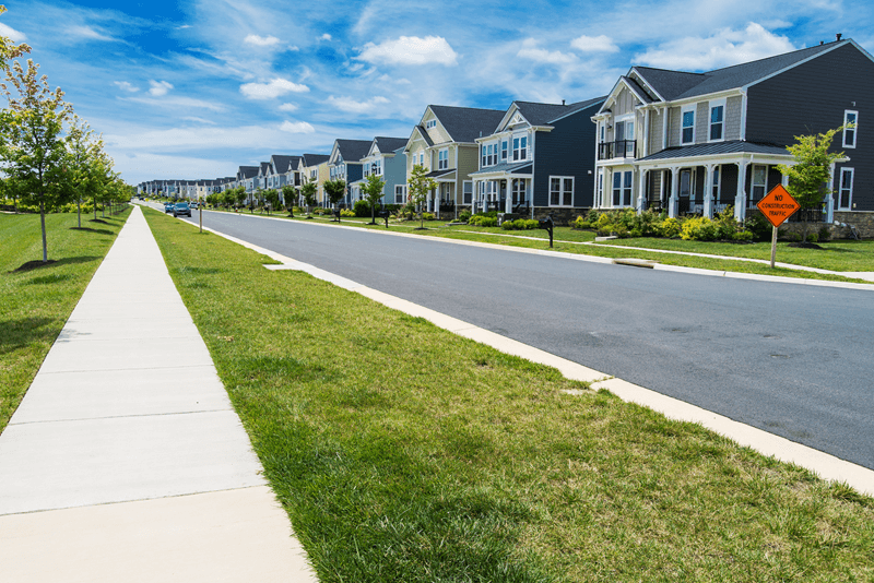 Suburb of single family homes with park